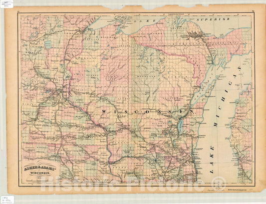 Map : Wisconsin 1872 2, Asher & Adams' Wisconsin, Antique Vintage Reproduction