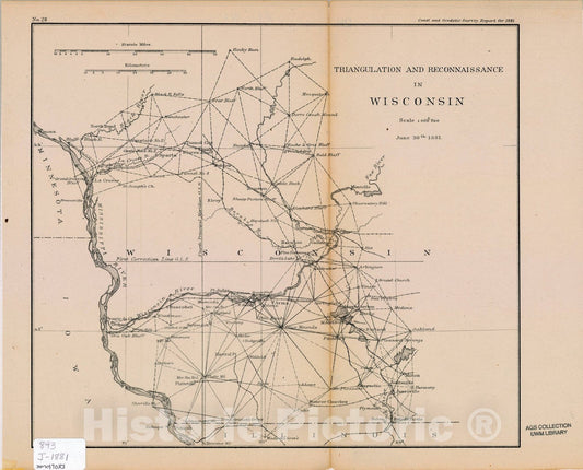 Map : Wisconsin 1881, Triangulation and reconnaissance in Wisconsin : June 30, 1881 , Antique Vintage Reproduction