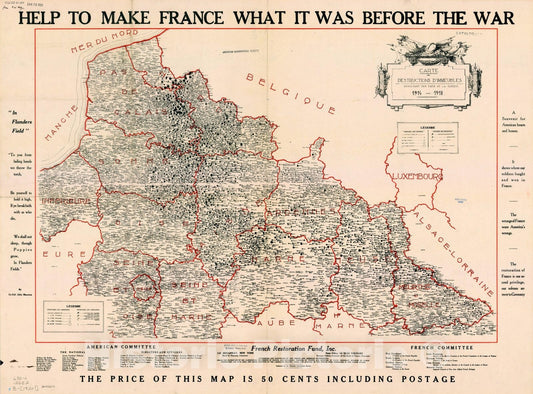 Map : France 1920 1, Help to make France what it was before the war, Antique Vintage Reproduction