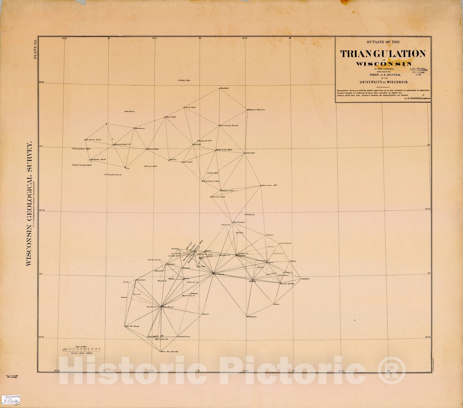 Map : Wisconsin 1879, Outline of the triangulation of Wisconsin to 1879 inclusive , Antique Vintage Reproduction