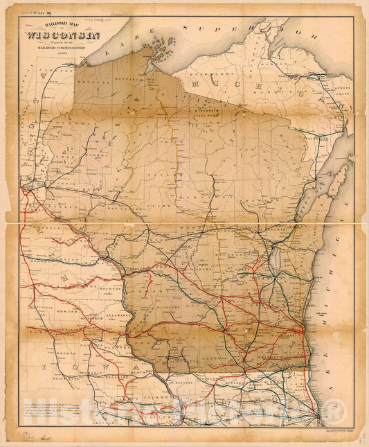 Map : Wisconsin 1880, Railroad map of Wisconsin , Antique Vintage Reproduction