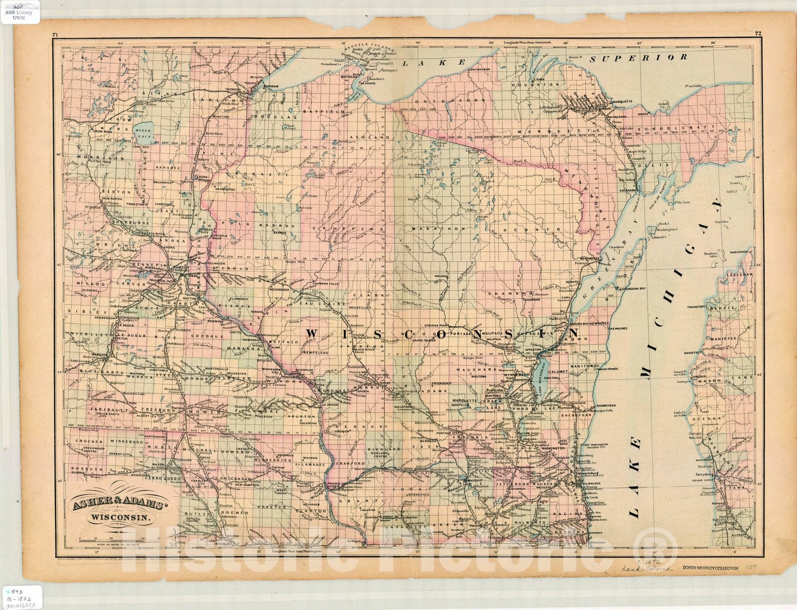 Map : Wisconsin 1872 1, Asher & Adams' Wisconsin, Antique Vintage Reproduction