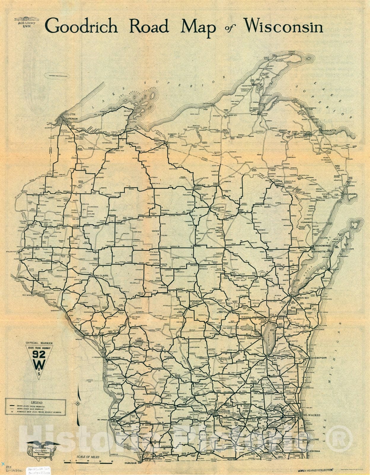 Map : Wisconsin 1920, Goodrich road map of Wisconsin , Antique Vintage Reproduction