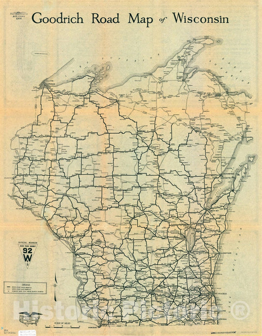 Map : Wisconsin 1920, Goodrich road map of Wisconsin , Antique Vintage Reproduction