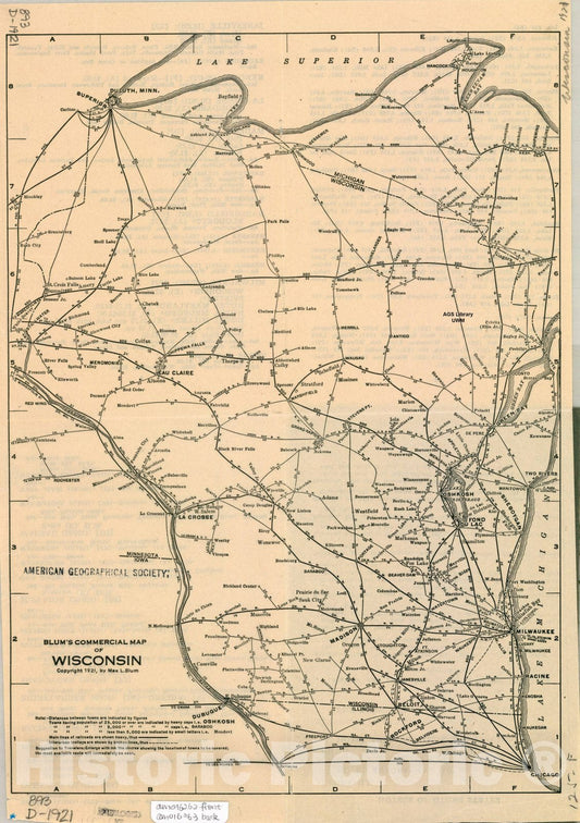 Map : Wisconsin 1921, Blum's commercial map of Wisconsin , Antique Vintage Reproduction