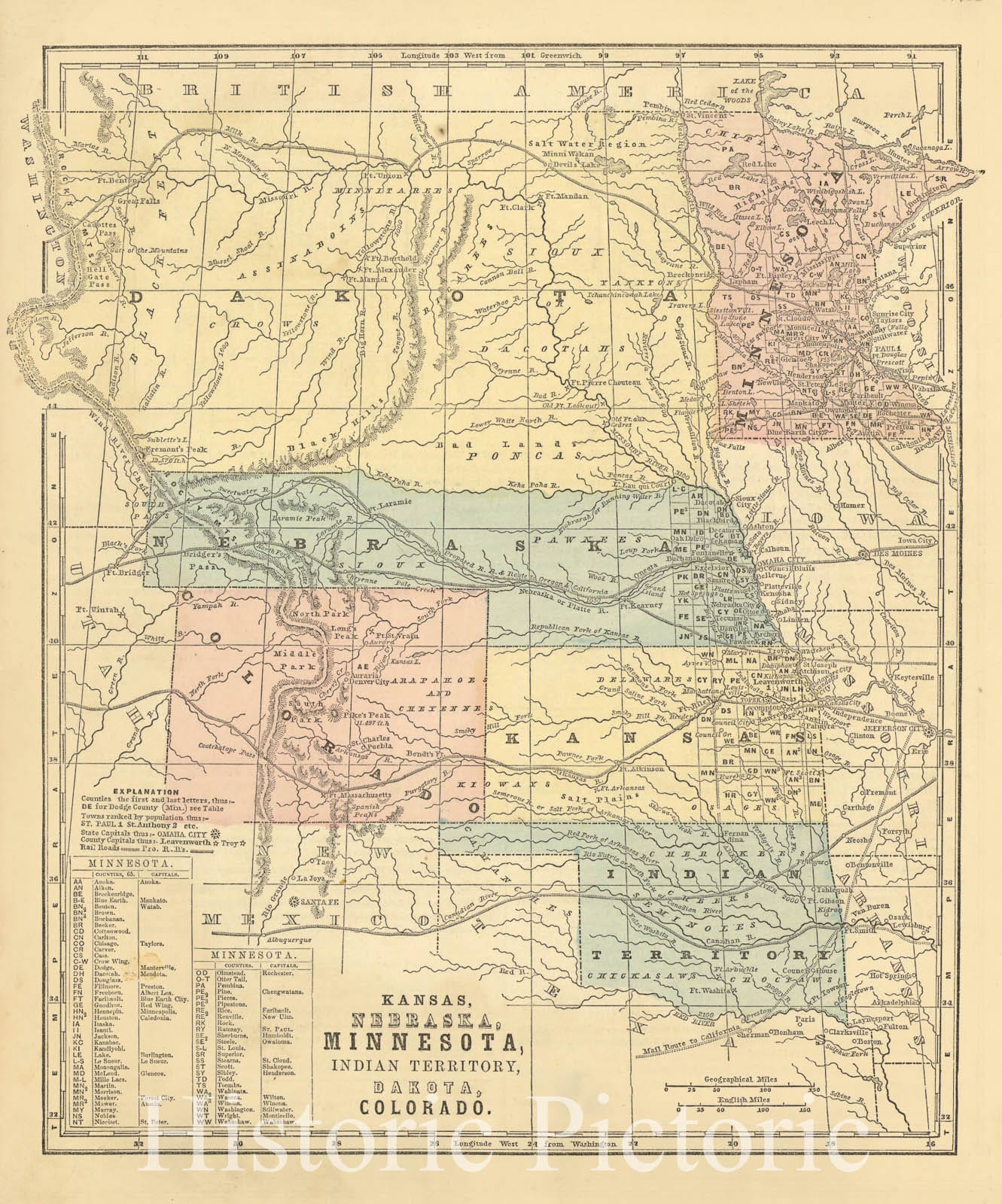 Map : United States, West and Middle West 1860, Kansas, Nebraska, Minnesota, Indian Territory, Dakota, Colorado, Antique Vintage Reproduction