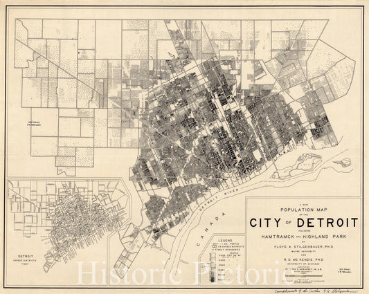 Map : Detroit, Michigan 1934, A New population map of the City of Detroit including Hamtramck and Highland Park , Antique Vintage Reproduction