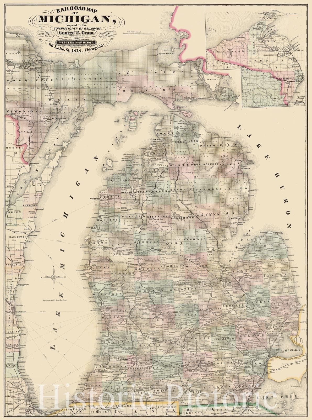 Map : Michigan 1878, Railroad map of Michigan , Antique Vintage Reproduction