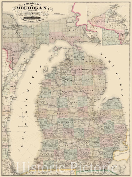 Map : Michigan 1878, Railroad map of Michigan , Antique Vintage Reproduction