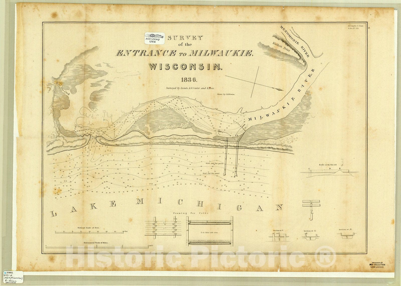 Map : Milwaukee, Wisconsin 1836, Survey of the entrance to Milwaukie, Wisconsin, 1836 , Antique Vintage Reproduction