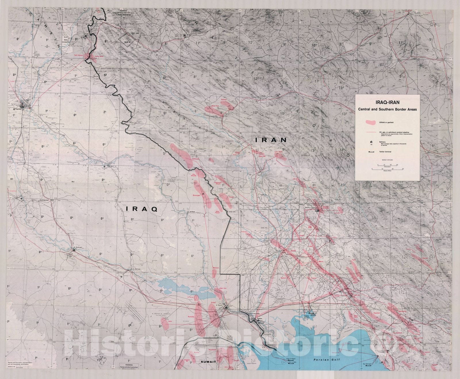 Map : Iran and Iraq 1980, Iraq-Iran central and southern border areas, Antique Vintage Reproduction