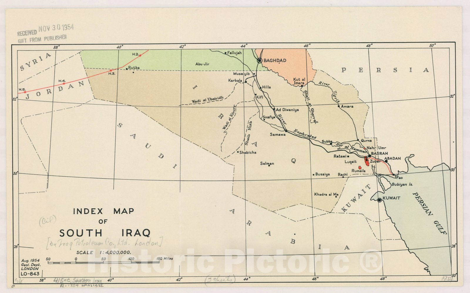 Map : Iraq 1954, Index map of south Iraq, Antique Vintage Reproduction