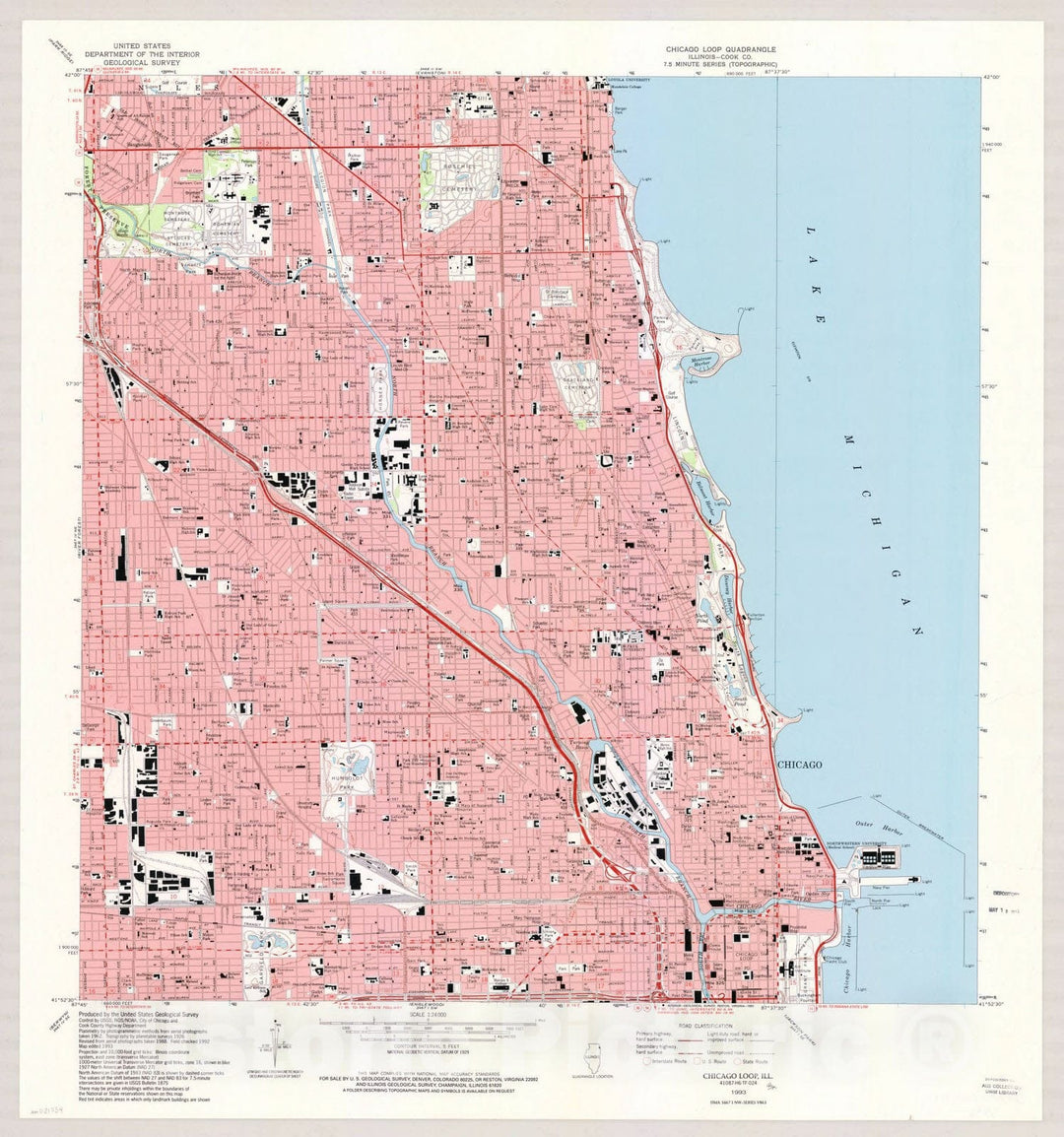 Map : Chicago, Illinois 1993, Chicago Loop quadrangle, Illinois--Cook Co. : 7.5 minute series (topographic) , Antique Vintage Reproduction