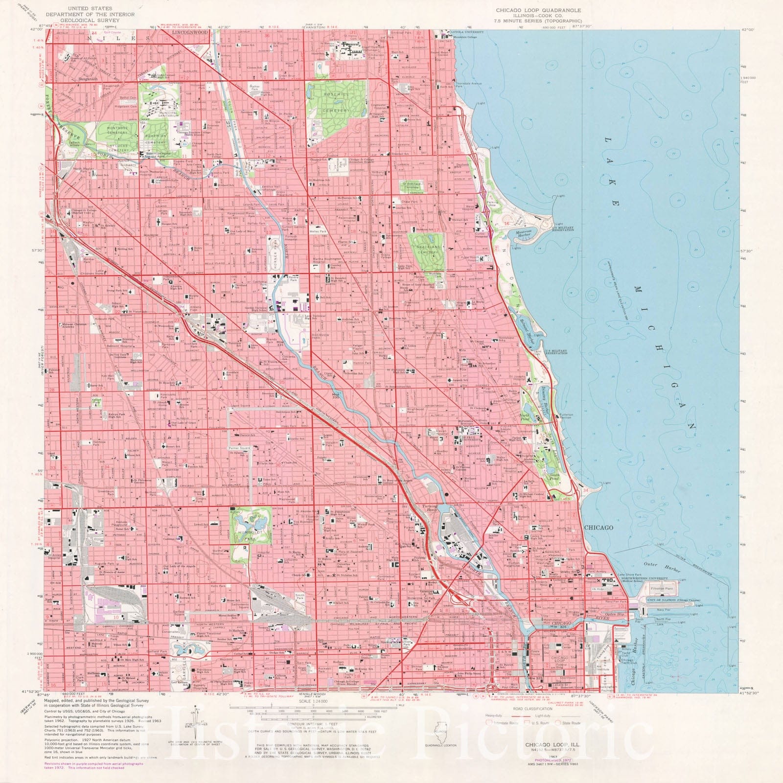 Map : Chicago, Illinois 1972, Chicago Loop Quadrangle : [Cook County, Illinois] : 7.5 minute series (topographic) , Antique Vintage Reproduction
