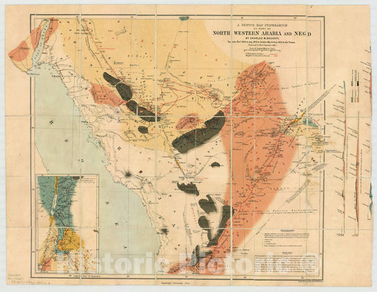 Map : Arabia 1883, A sketch map itinerarium of part of north western Arabia and Negd , Antique Vintage Reproduction