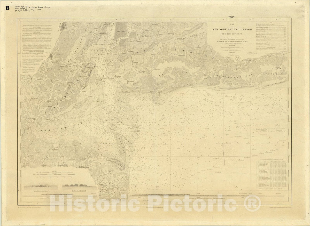Map : New York Bay and Harbor 1845, Map of New-York Bay and Harbor and the environs , Antique Vintage Reproduction