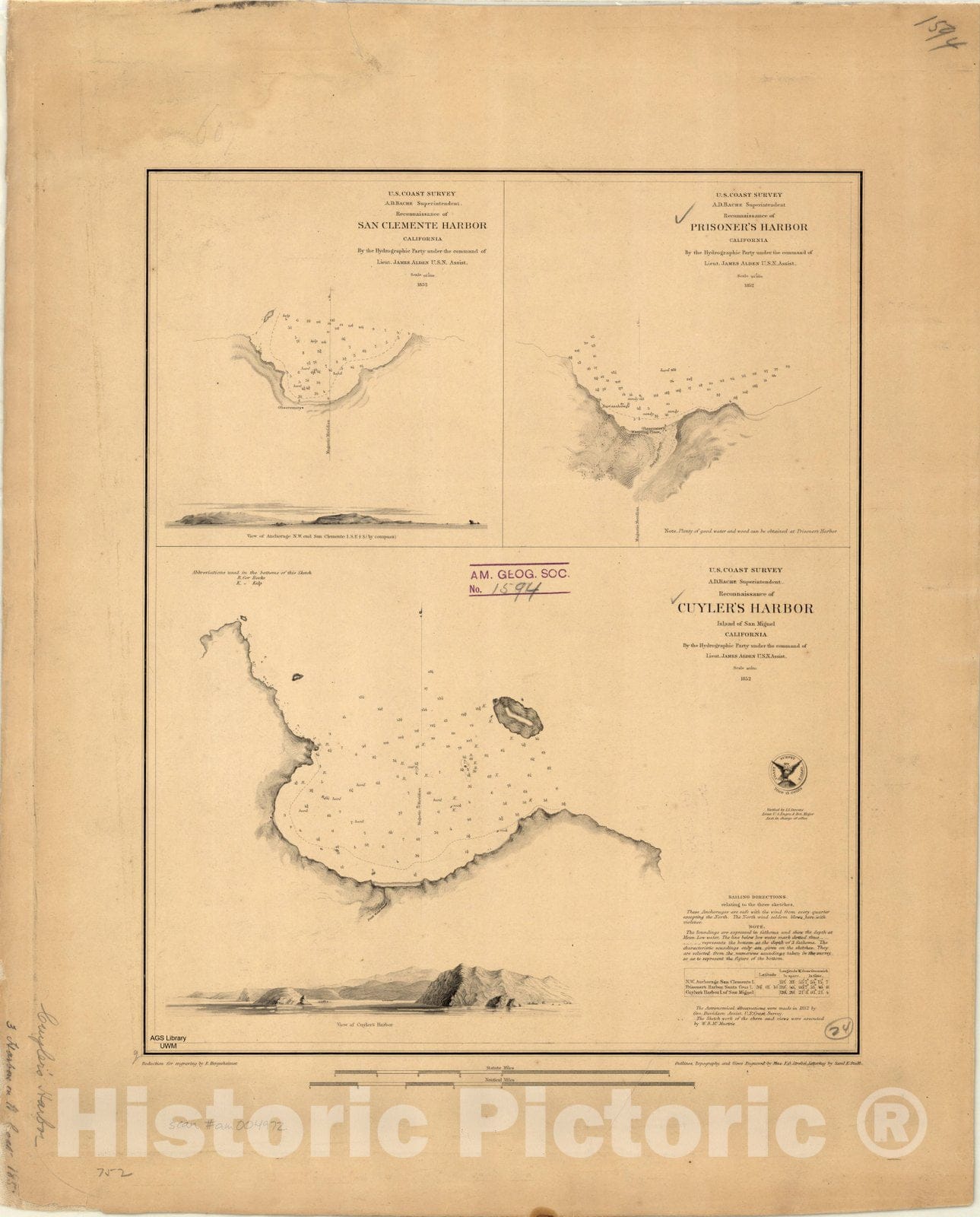 Map : Channel Islands, California 1852, [Channel Islands, California, harbor maps] , Antique Vintage Reproduction