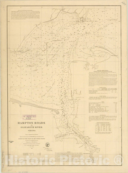 Map : Elizabeth River, Virginia 1864, Hampton Roads and Elizabeth River, Virginia , Antique Vintage Reproduction