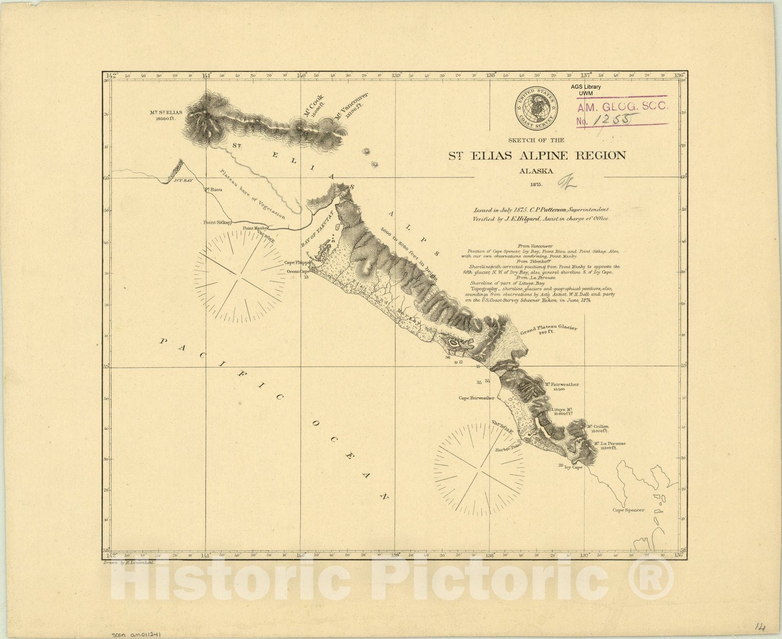 Map : St. Elias Alpine Region, Alaska 1875, Sketch of the St. Elias alpine region, Alaska, Antique Vintage Reproduction