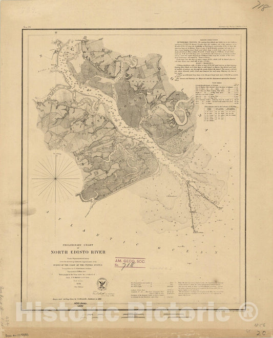 Map : North Edisto River, South Carolina 1862, Preliminary chart of North Edisto River , Antique Vintage Reproduction