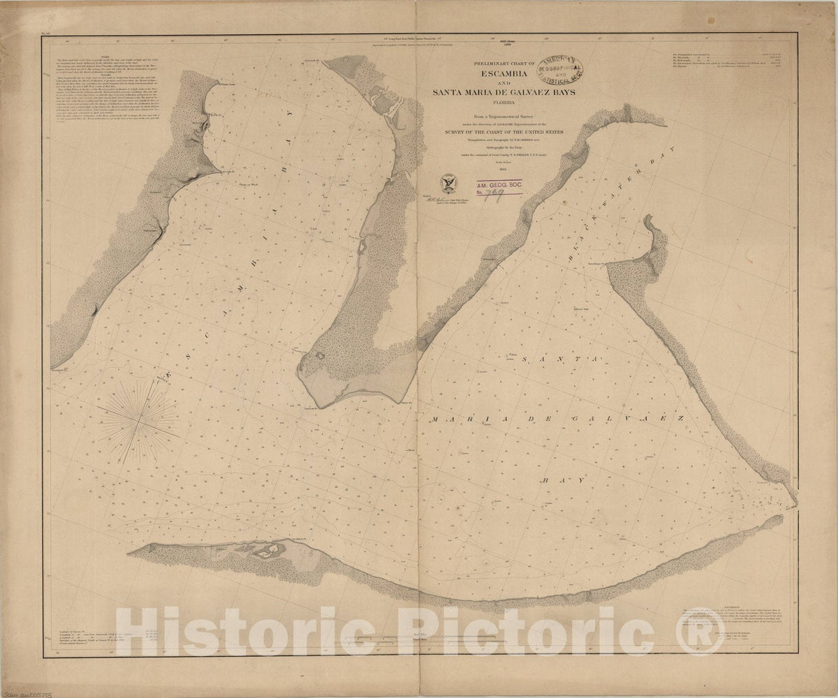 Historic Map : Escambia and Santa Maria de Galvaez Bays, Florida 1861, Preliminary chart of Escambia and Santa Maria de Galvaez [i.e. East] Bays, Florida , Antique Vintage Reproduction