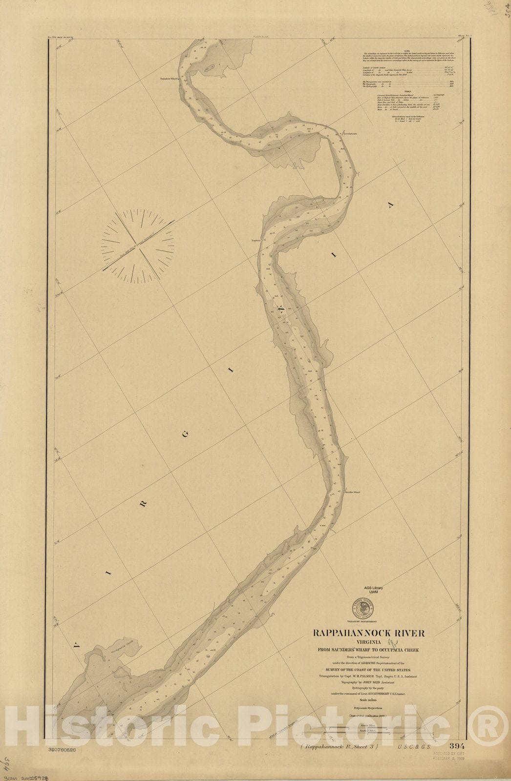 Map : Rappahannock River, Virginia 1901, Rappahannock River, Virginia, from Saunders' Wharf to Occupacia Creek , Antique Vintage Reproduction