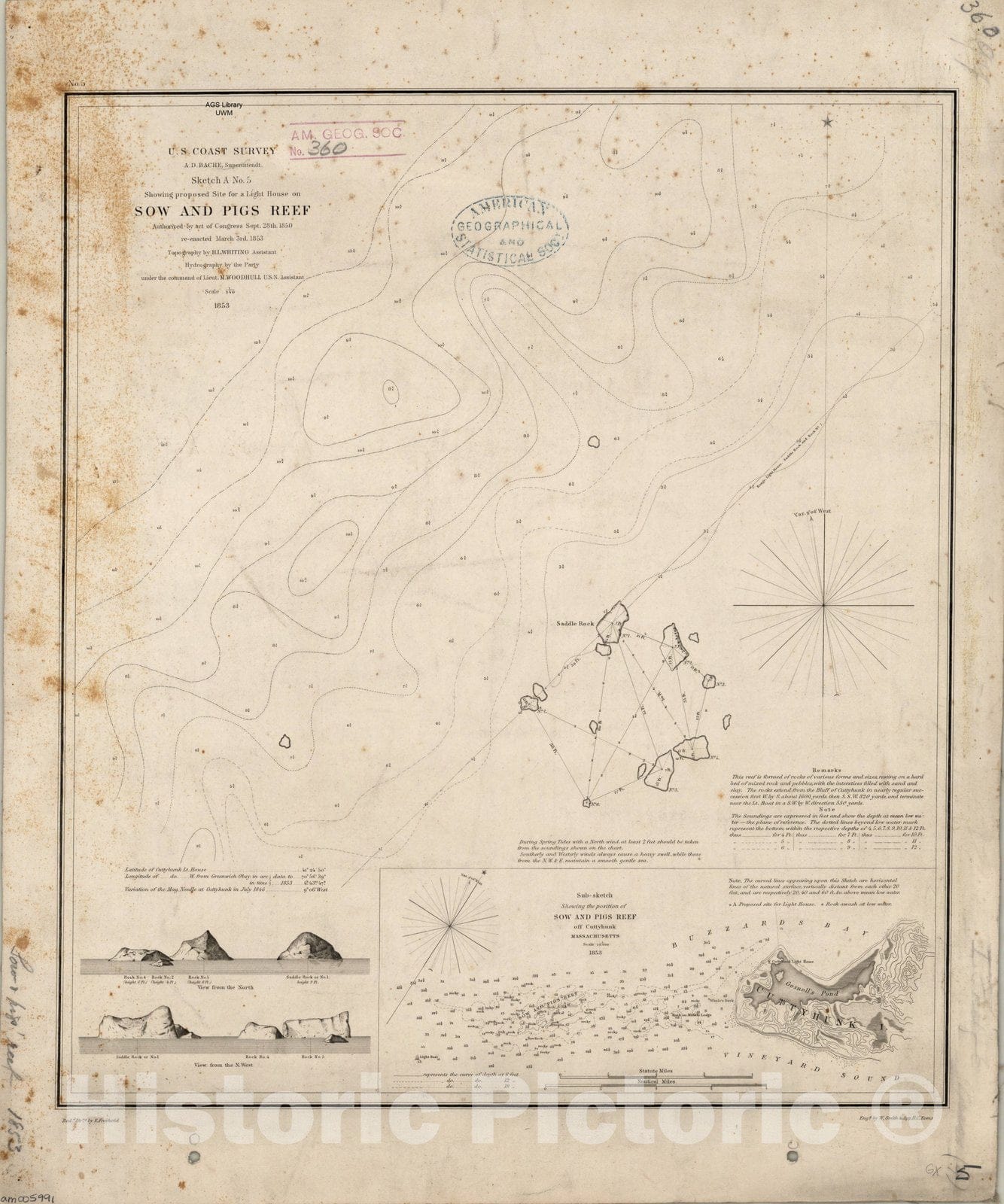 Map : Sow and Pigs Reef, Massachusetts 1862, Sketch A, no. 5 showing proposed site for a light house on Sow and Pigs Reef , Antique Vintage Reproduction