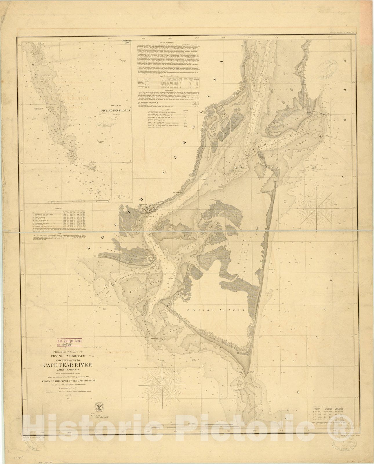 Map : Cape Fear River and Frying Pan Shoals, North Carolina 1857, Preliminary chart of Frying Pan Shoals and entrances to Cape Fear River, North Carolina