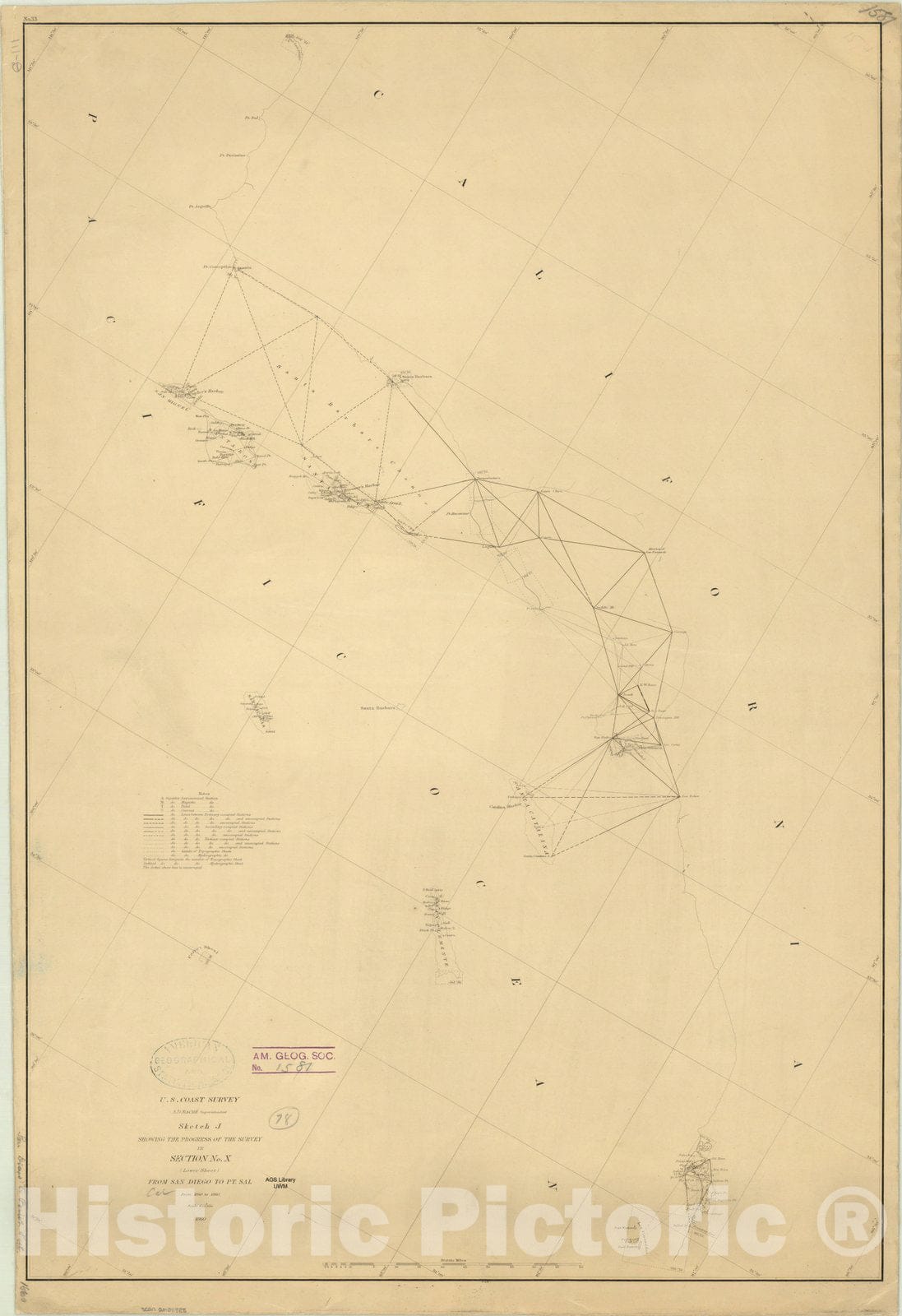 Map : San Diego, California 1860, Sketch J showing the progress of the survey in section no. X (lower sheet) from San Diego to Pt. Sal from 1850 to 1860