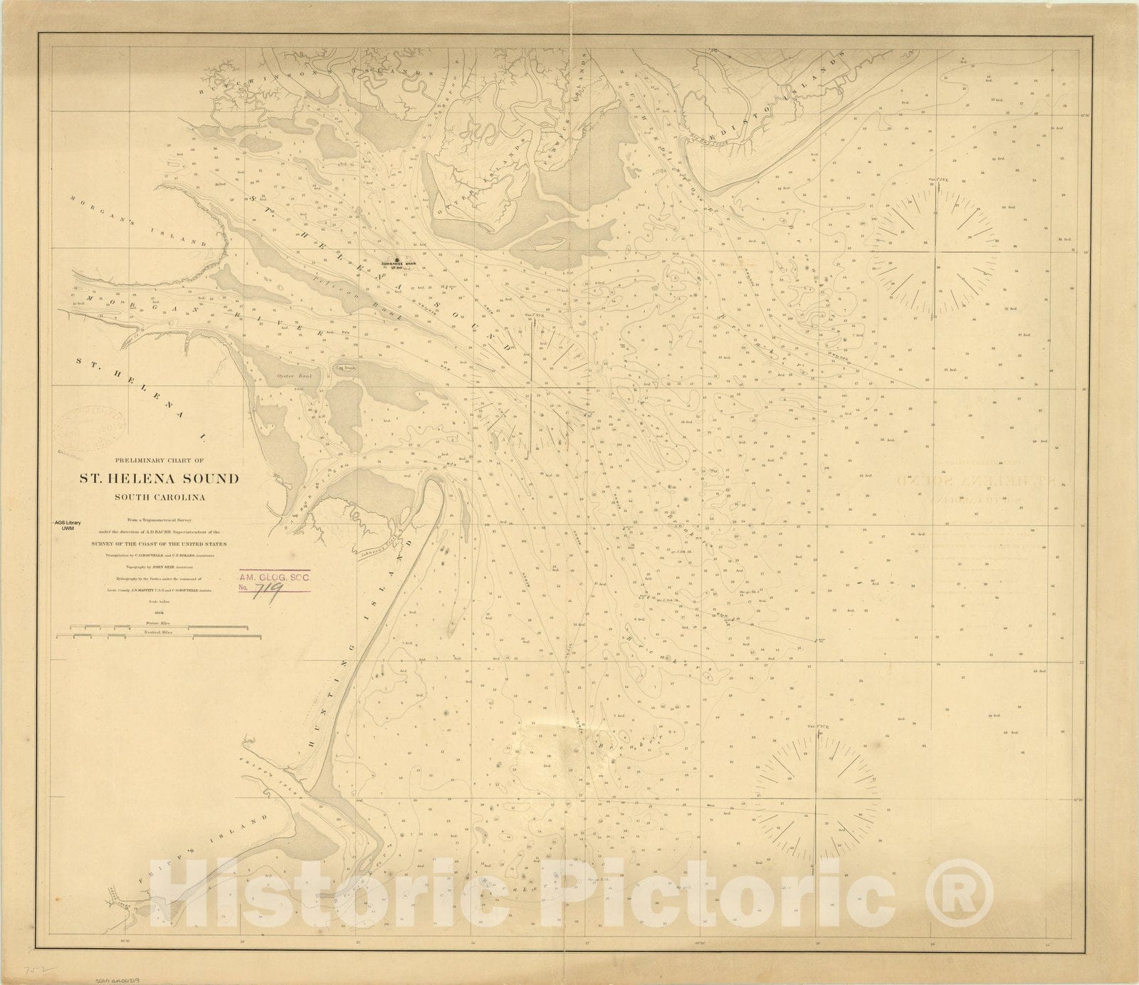 Map : St. Helena Sound, South Carolina 1864, Preliminary chart of St. Helena Sound, South Carolina , Antique Vintage Reproduction