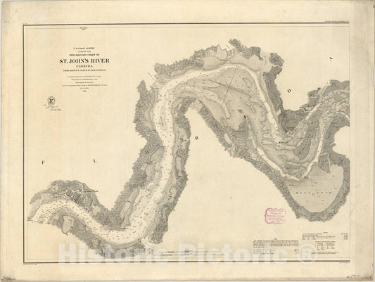 Map : St. John's River, Florida 1856, Preliminary chart of St. John's River, Florida : from Brown's Creek to Jacksonville , Antique Vintage Reproduction