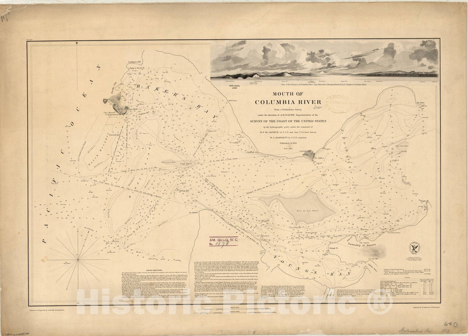 Map : Columbia River, Oregon 1851 1, Mouth of Columbia River , Antique Vintage Reproduction