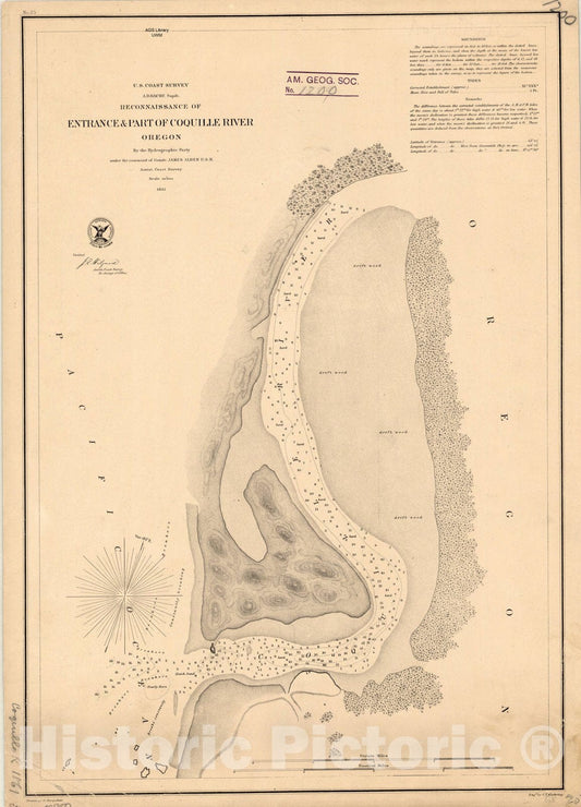 Map : Coquille River, Oregon 1861, Reconnaissance of entrance & part of Coquille River, Oregon , Antique Vintage Reproduction