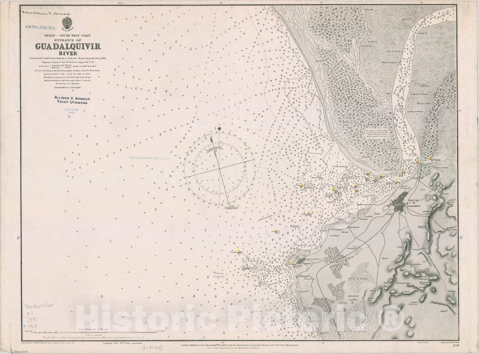Map : Guadalquivir River, Spain 1909, Spain, South West coast : entrance of Guadalquivir River , Antique Vintage Reproduction