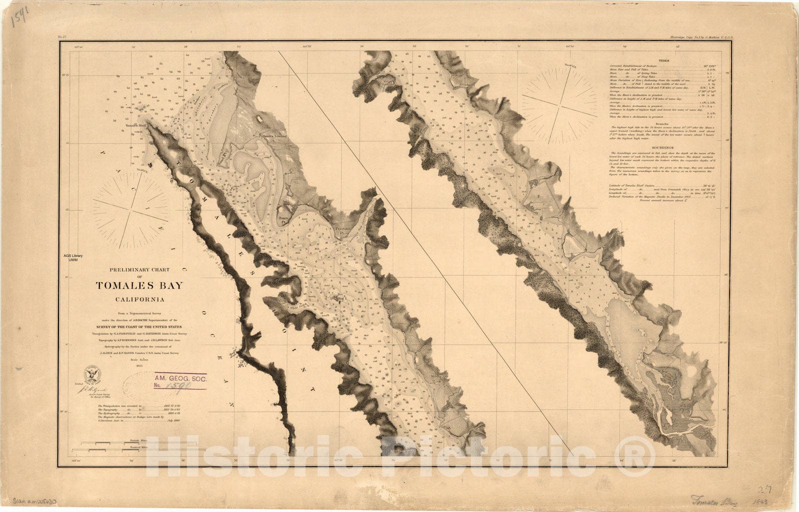 Map : Tomales Bay, California 1863, Preliminary chart of Tomales Bay, California , Antique Vintage Reproduction