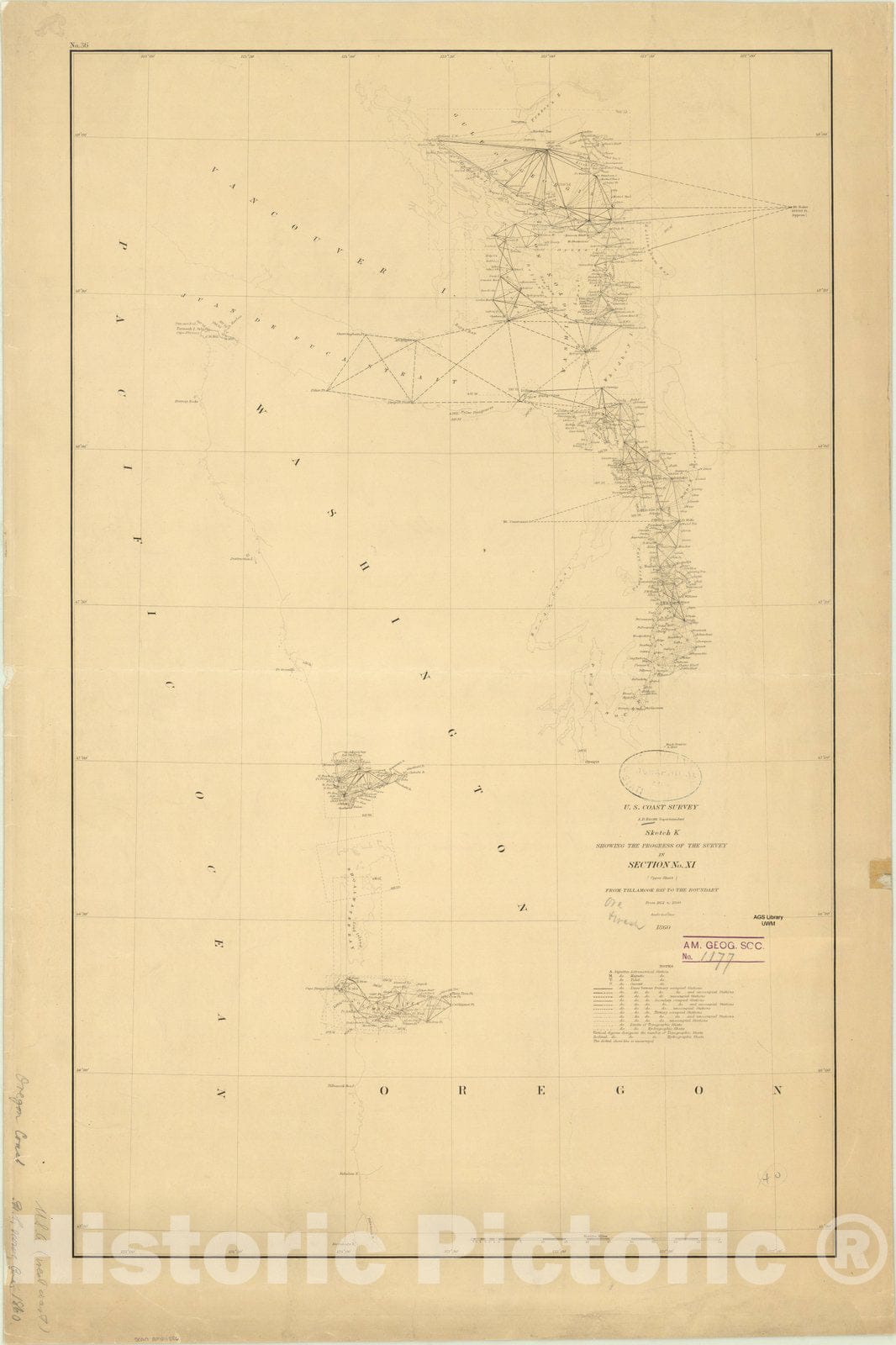 Historic Map : Tillamook Bay, Washington 1860, Sketch K showing the progress of the survey in Section no. XI : upper sheet : from Tillamook Bay to the boundary : from 1851 to 1860