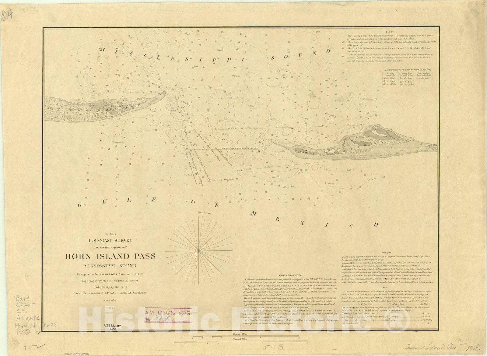 Map : Horn Island Pass, Mississippi Sound, Mississippi 1852, Horn Island Pass, Mississippi Sound , Antique Vintage Reproduction