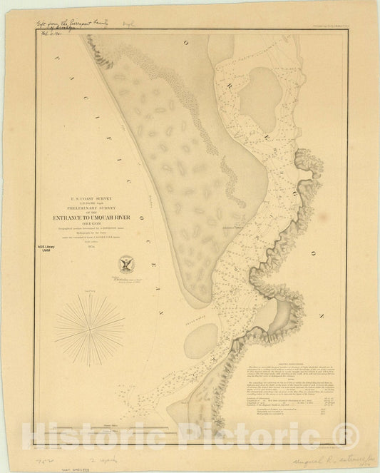 Map : Umquah River, Oregon 1854, Preliminary survey of the entrance to Umquah River, Oregon , Antique Vintage Reproduction
