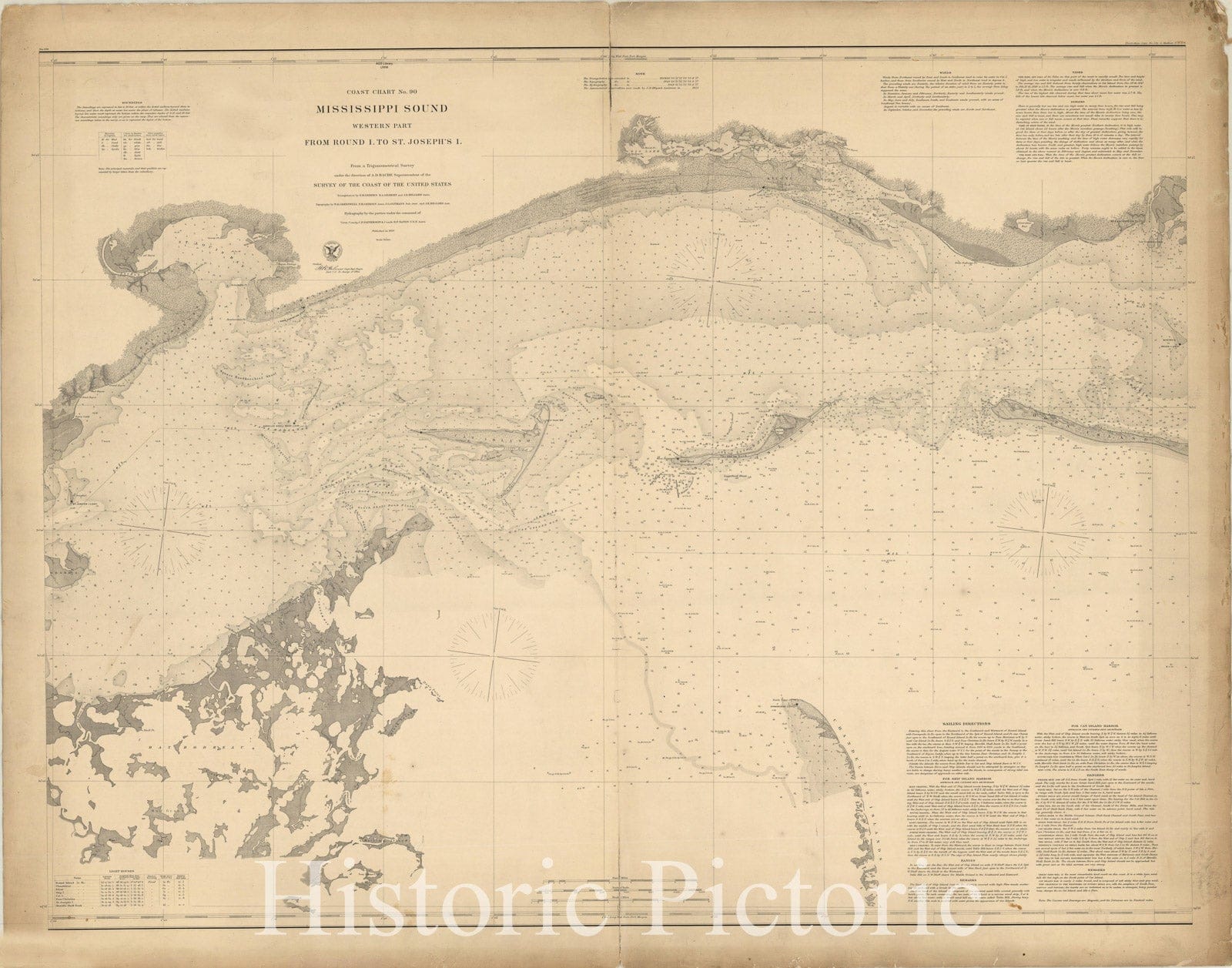 Map : Mississippi Sound 1860, Coast Chart no. 90 : Mississippi Sound, western part from Round I. to St. Joseph's I. , Antique Vintage Reproduction