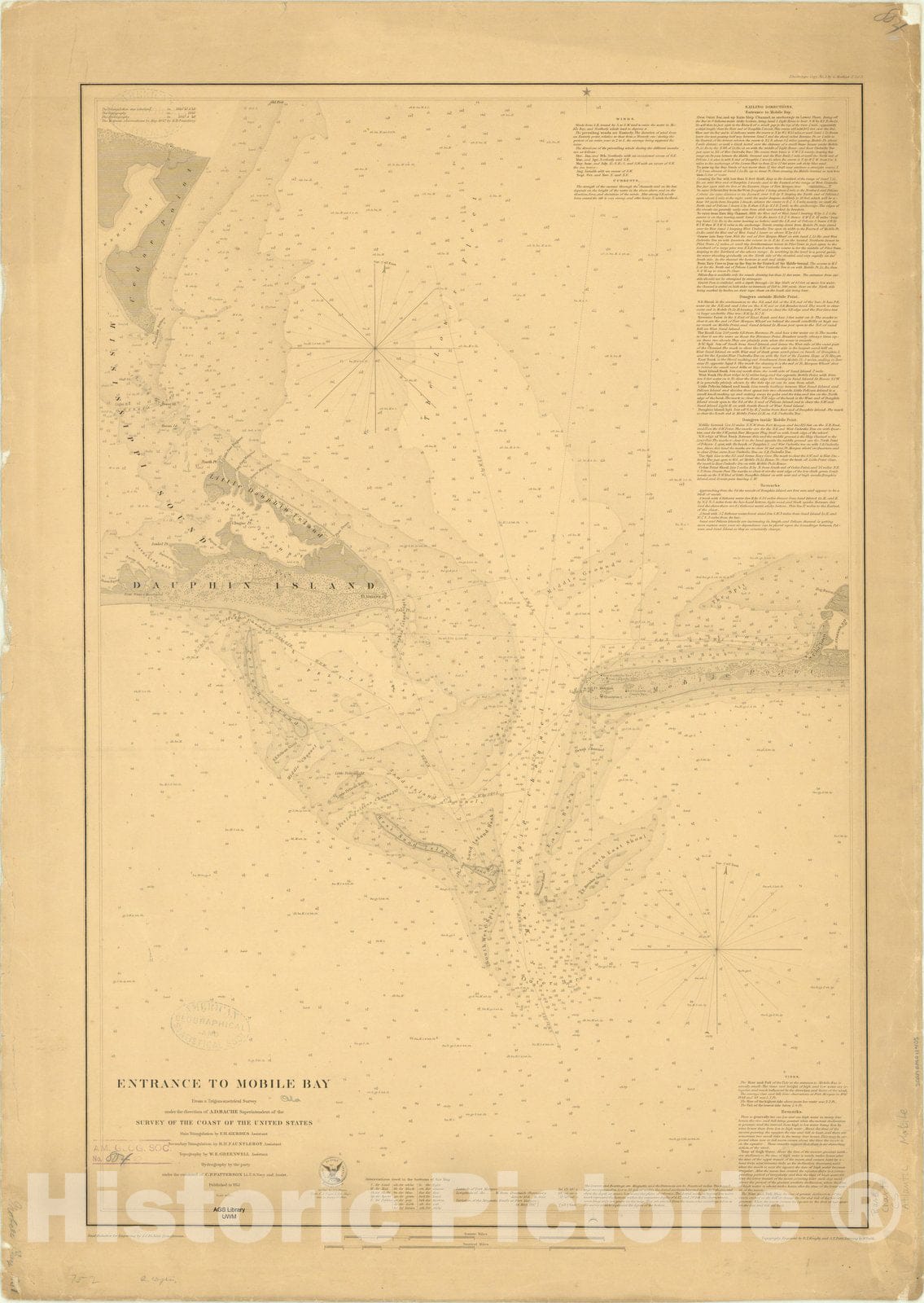 Map : Mobile Bay, Alabama 1851, Entrance to Mobile Bay , Antique Vintage Reproduction