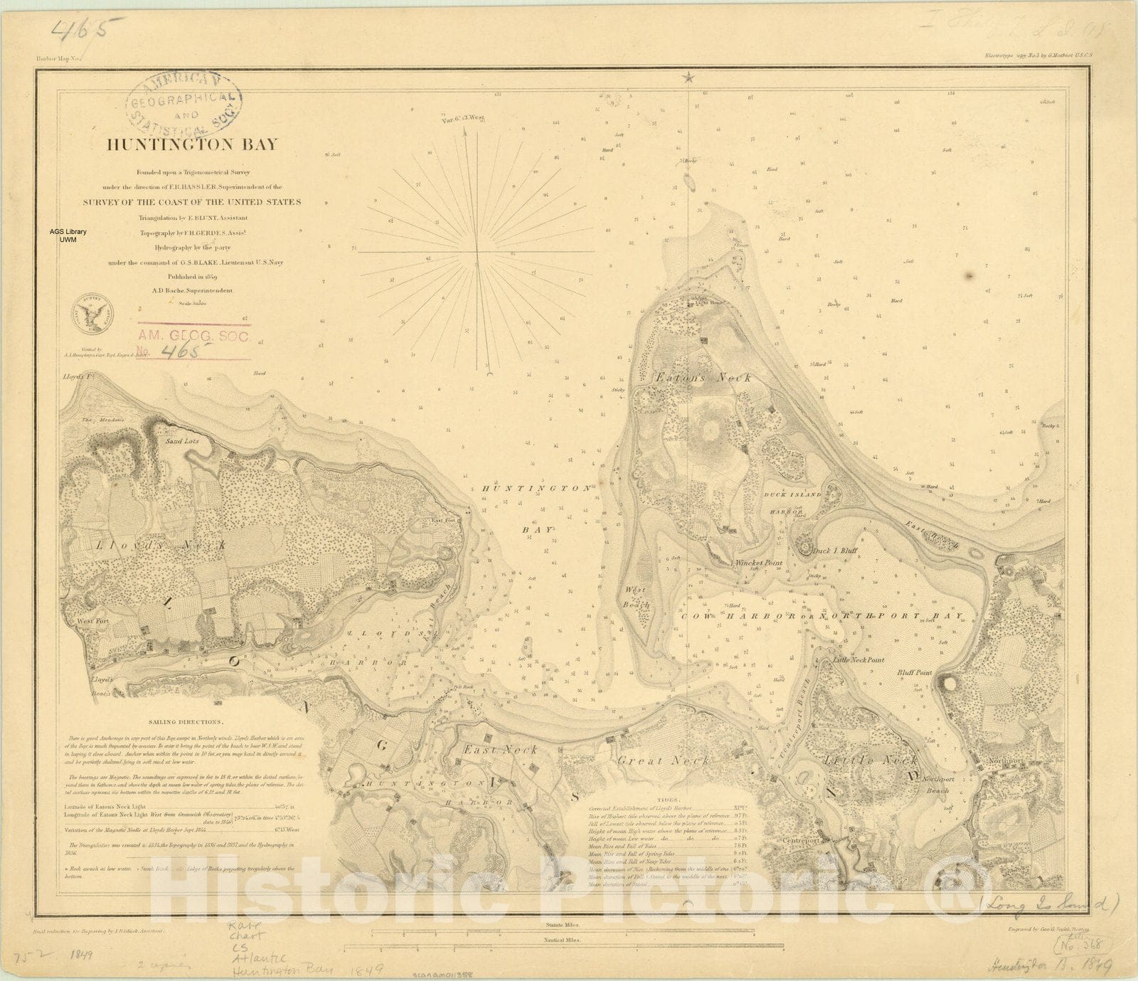 Map : Huntington Bay, New York 1849, Huntington Bay , Antique Vintage Reproduction