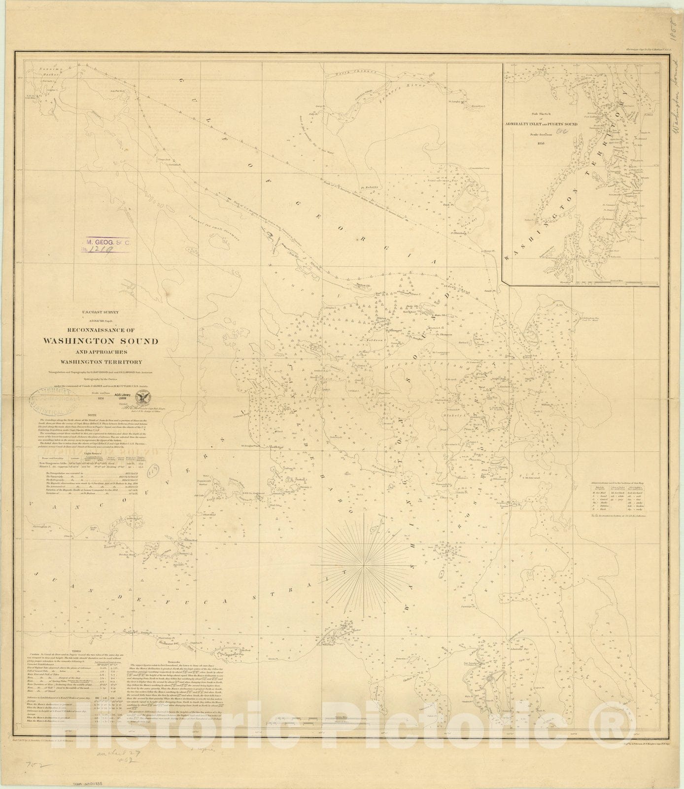 Map : Washington Sound, Washington 1858, Reconnaissance of Washington Sound and approaches, Washington Territory , Antique Vintage Reproduction