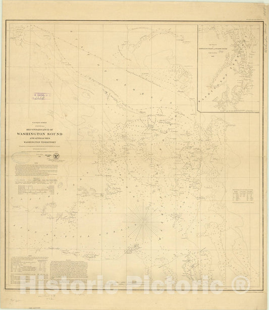 Map : Washington Sound, Washington 1858, Reconnaissance of Washington Sound and approaches, Washington Territory , Antique Vintage Reproduction