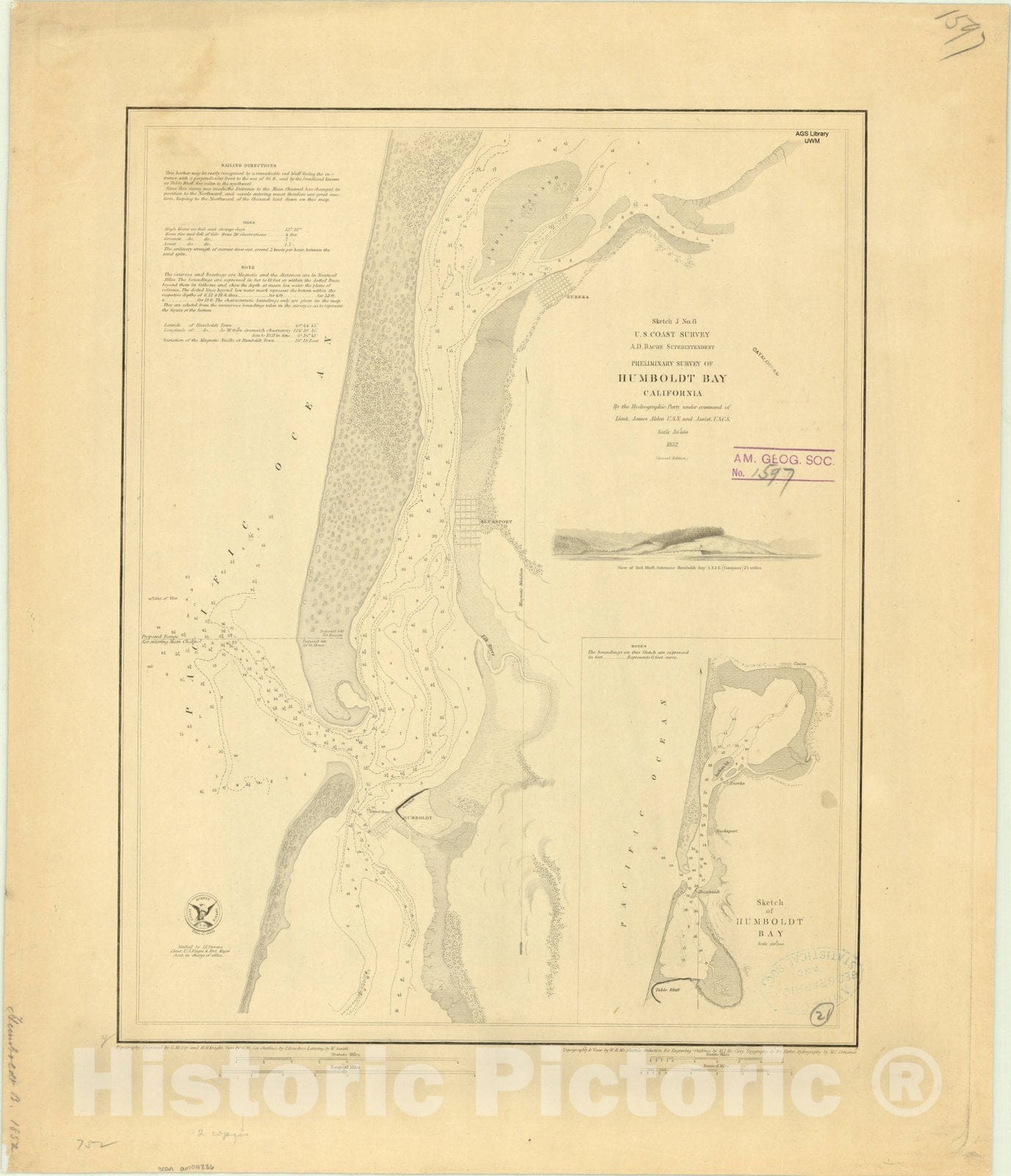 Map : Humboldt Bay, California 1852, Preliminary survey of Humboldt Bay, California , Antique Vintage Reproduction