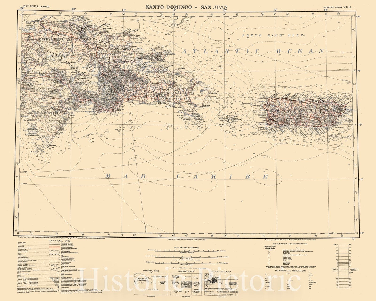 Map : Santo Domingo-San Juan (uncolored), Dominican Republic and Puerto Rico 1927, Map of Hispanic America, Antique Vintage Reproduction