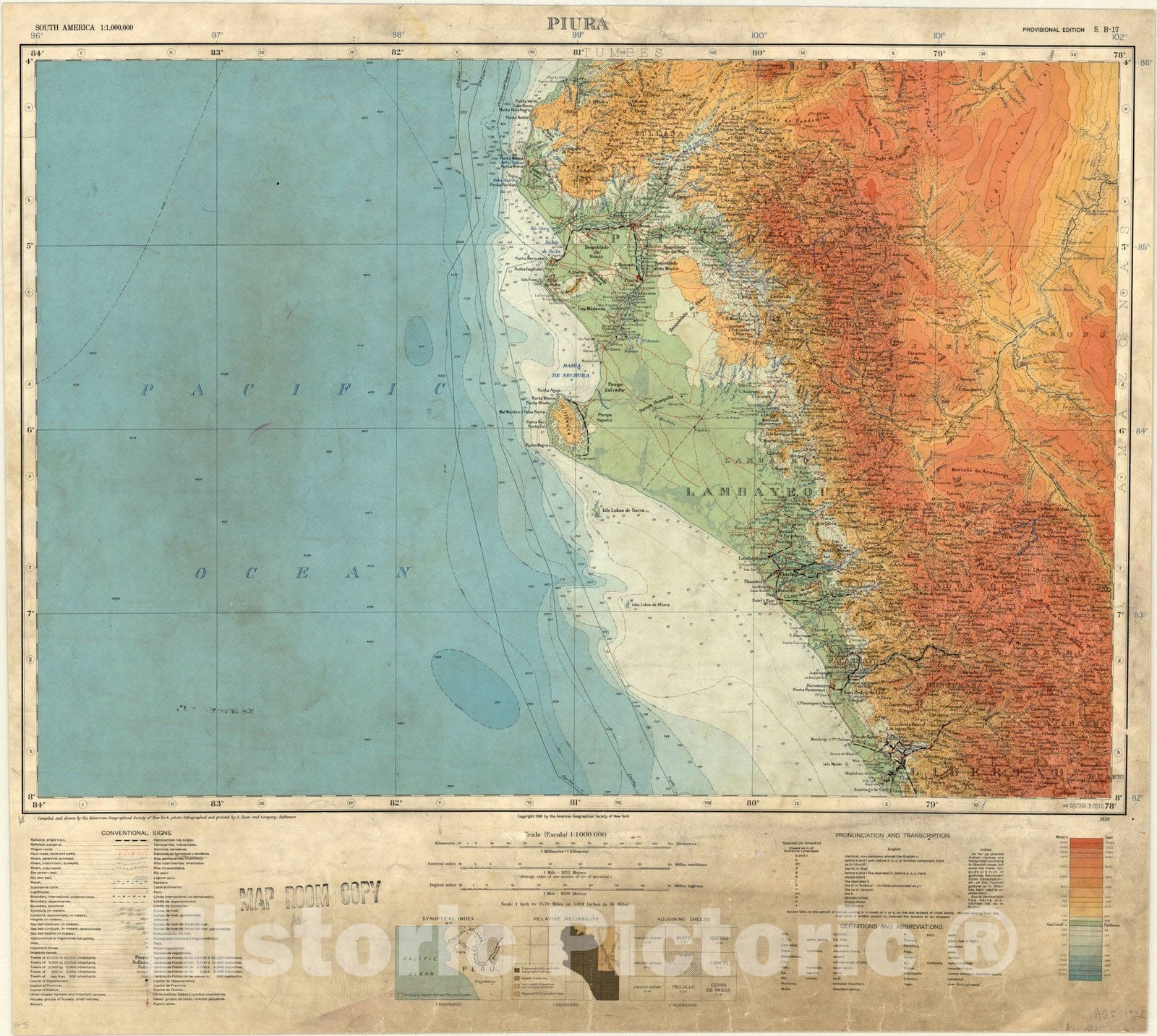 Map : Piura, Peru 1938, Map of Hispanic America, Antique Vintage Reproduction