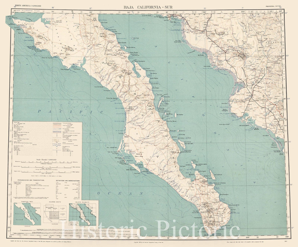 Map : Baja California-Sur (uncolored contours), Mexico 1923, Map of Hispanic America, Antique Vintage Reproduction