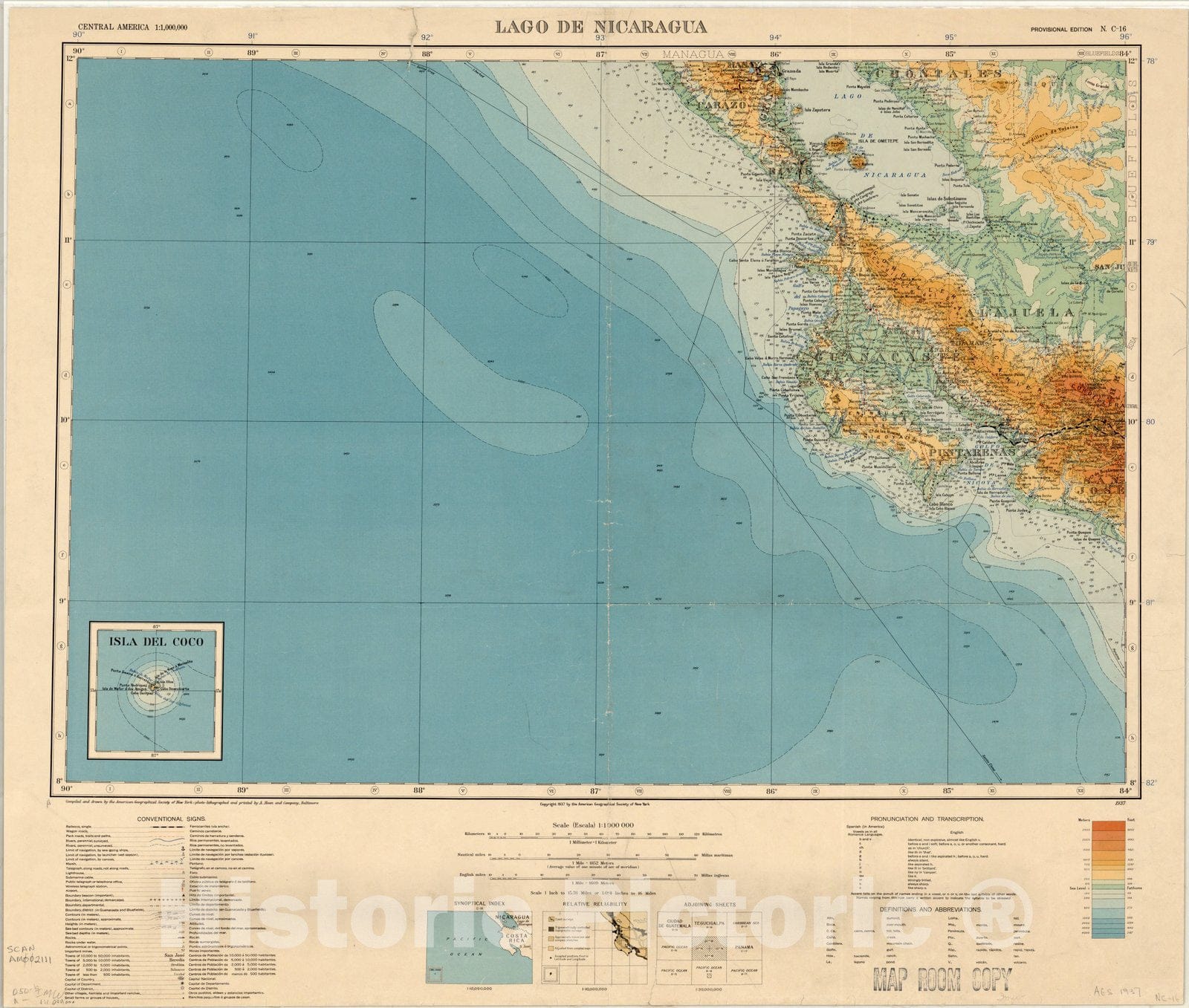 Map : Lago de Nicaragua (Isla del Coco inset) 1937, Map of Hispanic America, Antique Vintage Reproduction