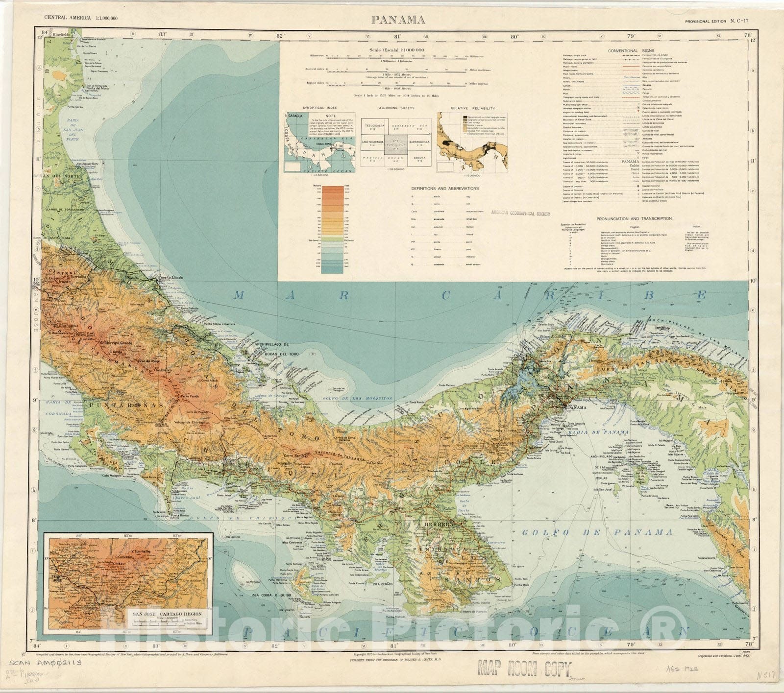 Map : Panama (San Jose-Cartago Region inset) 1928 1942, Map of Hispanic America, Antique Vintage Reproduction