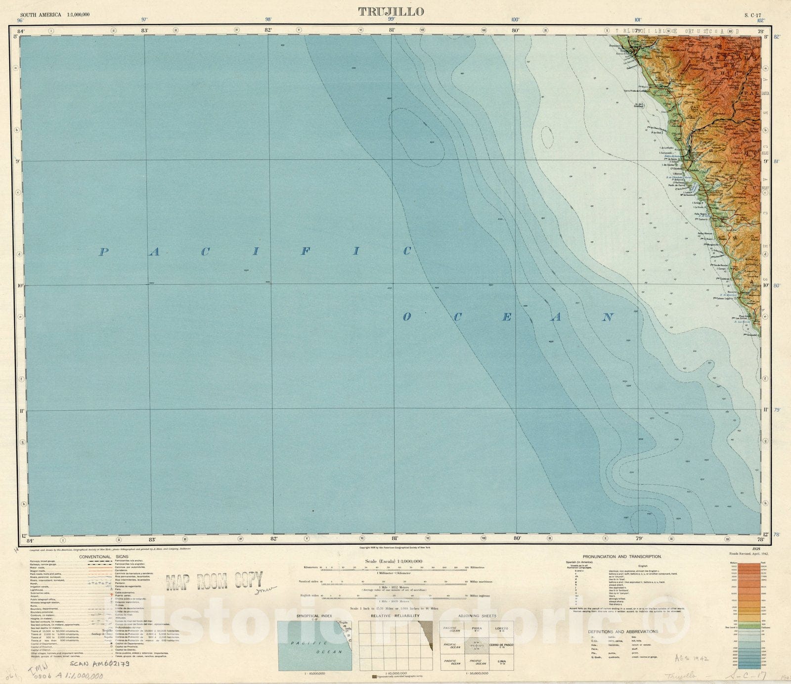 Map : Trujillo, Peru 1942, Map of Hispanic America, Antique Vintage Reproduction